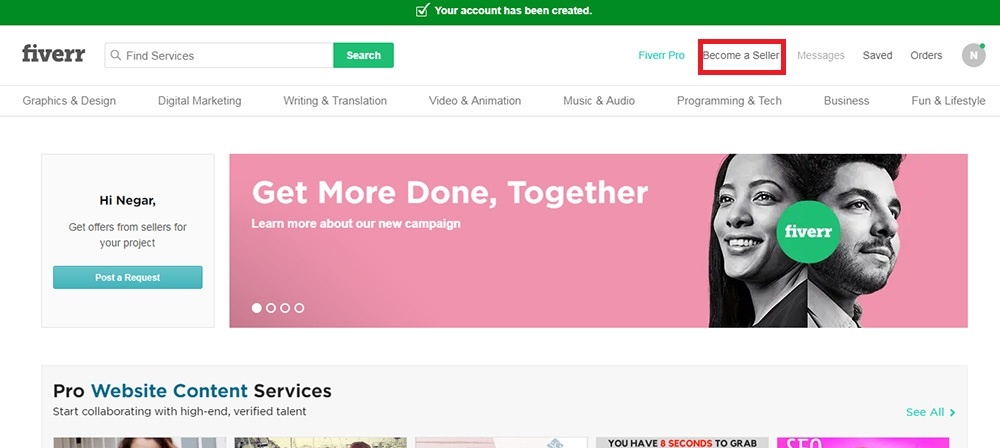 ایجاد حساب کاربری در سایت fiverr
