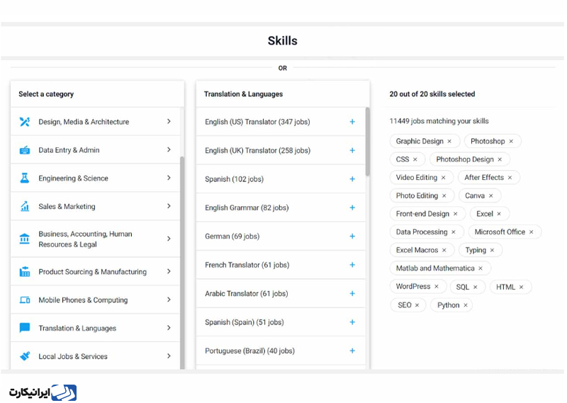 انتخاب شغل و مهارت ها در سایت فریلنسر دات کام