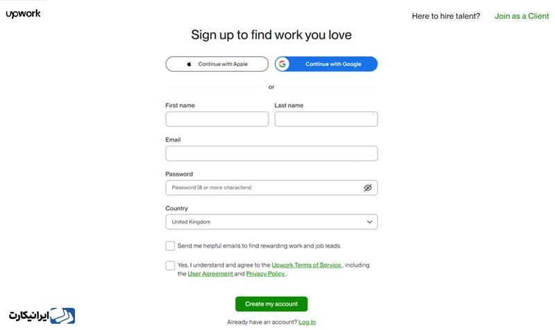 تکمیل فرم ثبت‌نام upwork 