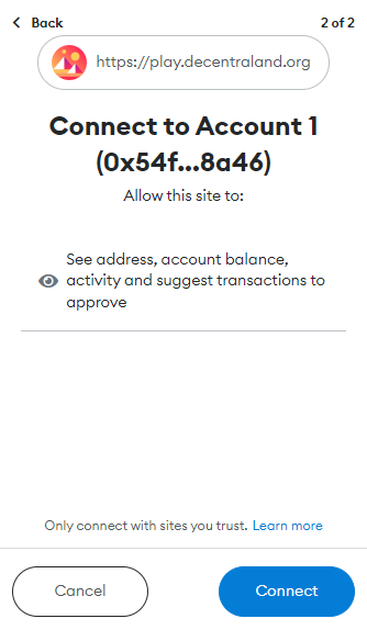 پذیرش اتصال به دسنترالند در کیف پول متامسک