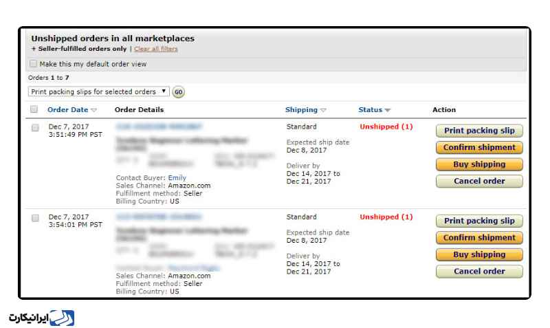مشاهده سفارش های فروش در امازون