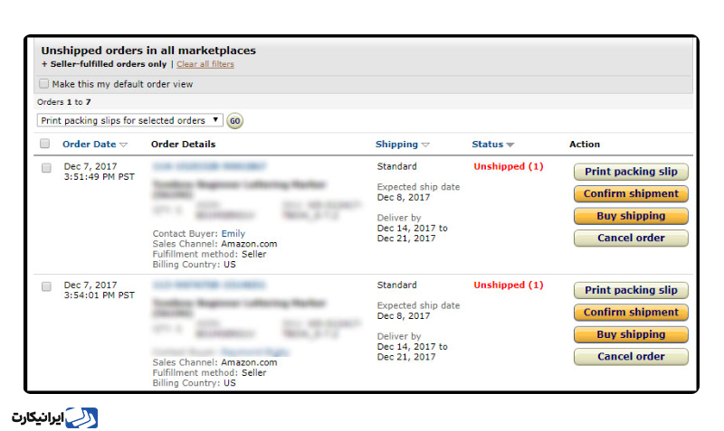 مشاهده سفارش های فروش در امازون
