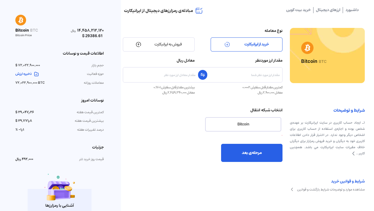 خرید بیت کوین در صرافی ایرانیکارت - مراحل