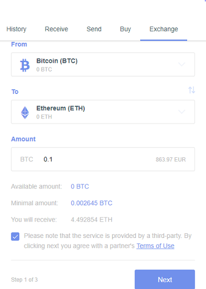 آموزش exchange در کیف پول Guarda