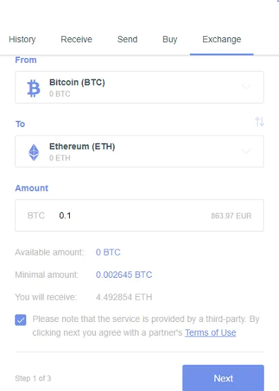 آموزش exchange در کیف پول Guarda