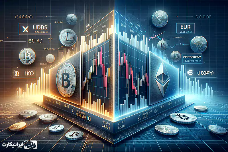  Create a horizontal, minimal, realistic and 3D image for: cryprocurrency market and forex market
