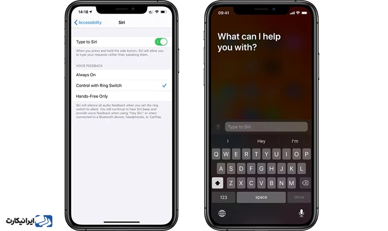 تنظیمات آیفون با گزینه فعال Type to Siri.