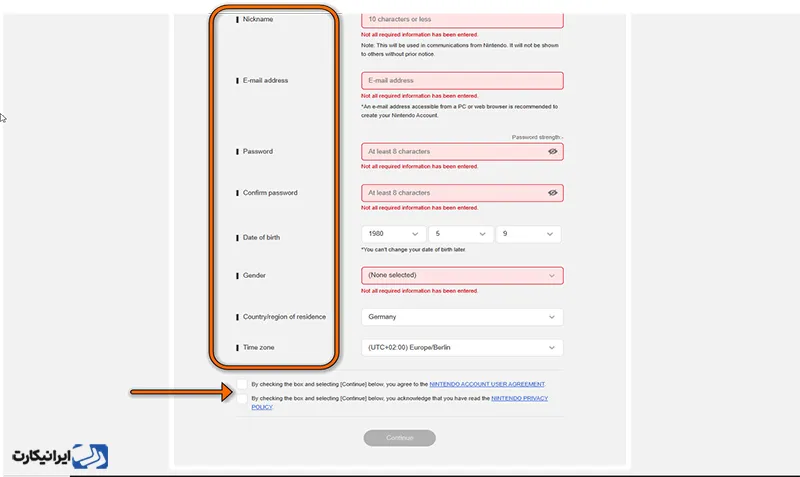واردکردن اطلاعات شخصی و تایید شرایط استفاده