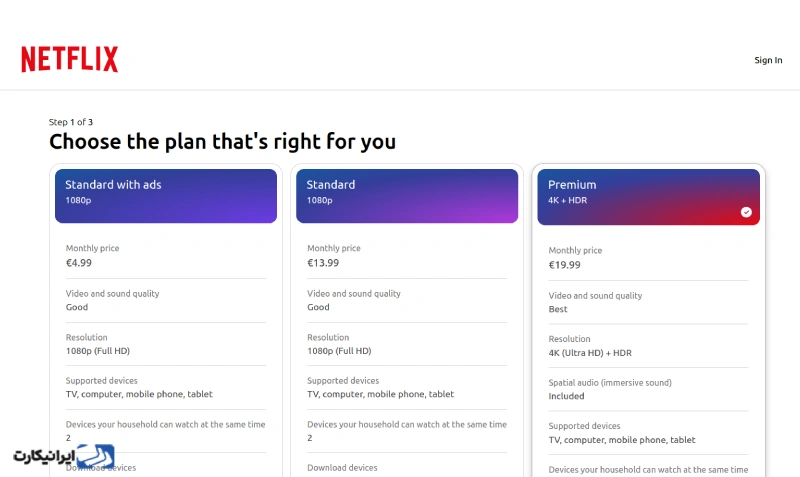 نمایی از صفحه انتخاب پلن‌های اشتراک نتفلیکس.