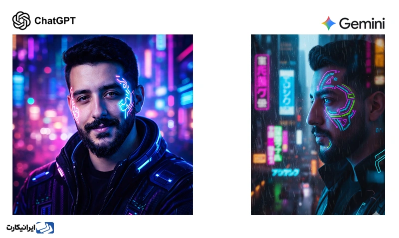 پرامپت ساخت پروفایل سایبرپانکی با نورهای نئونی در پسزمینه